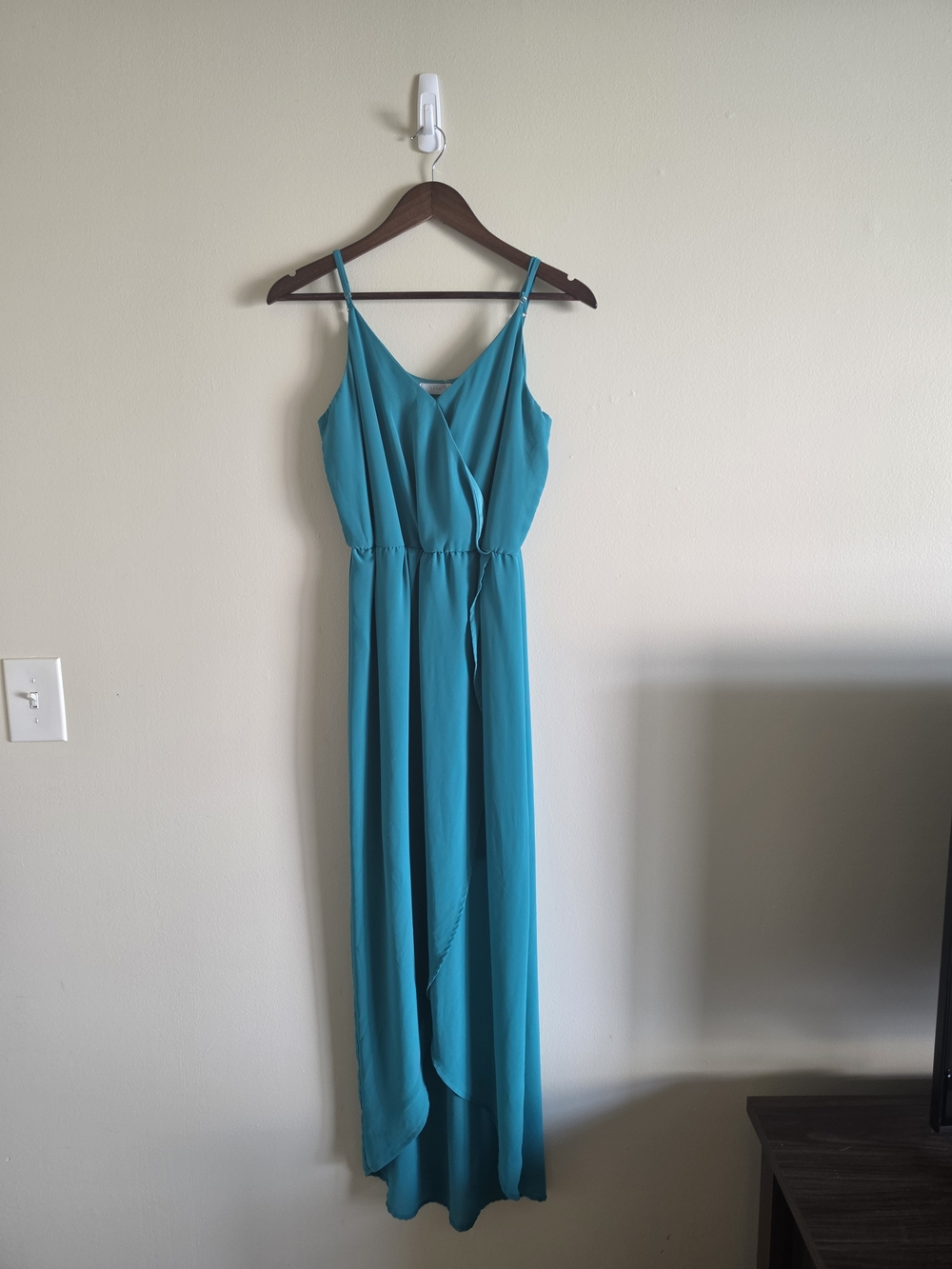 🌿 Lush Teal Faux Wrap High-Low Maxi Dress – Spaghetti Strap